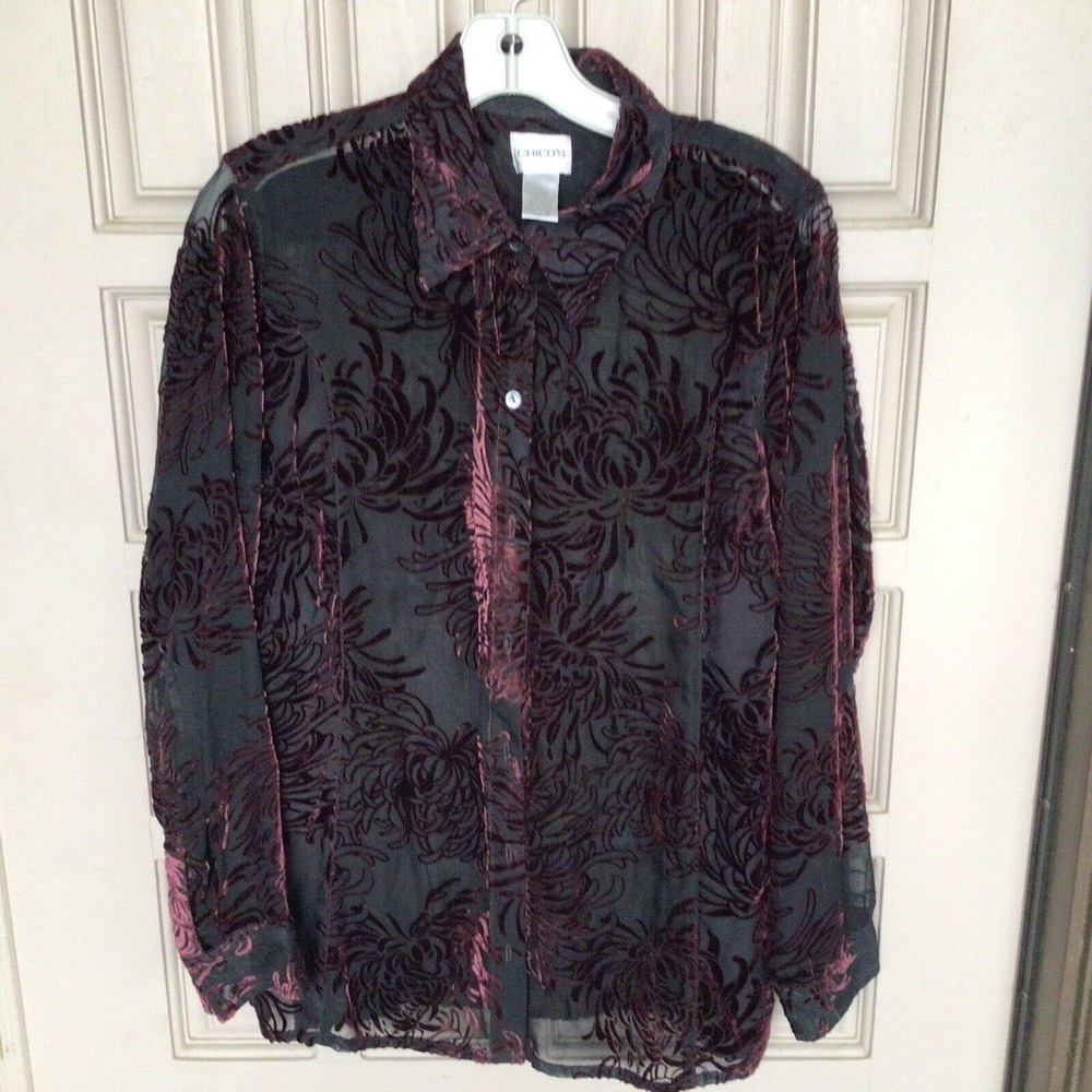 Chico's Blouse Sz1 Sheer/Embossed Design Collar ButtonUp Black/Red Long Sleeves